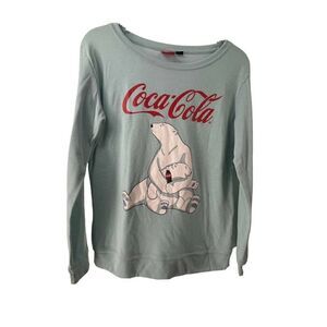 Coca Cola Polar Bears Long Sleeve Christmas Top Womens Size S Light Blue Holiday